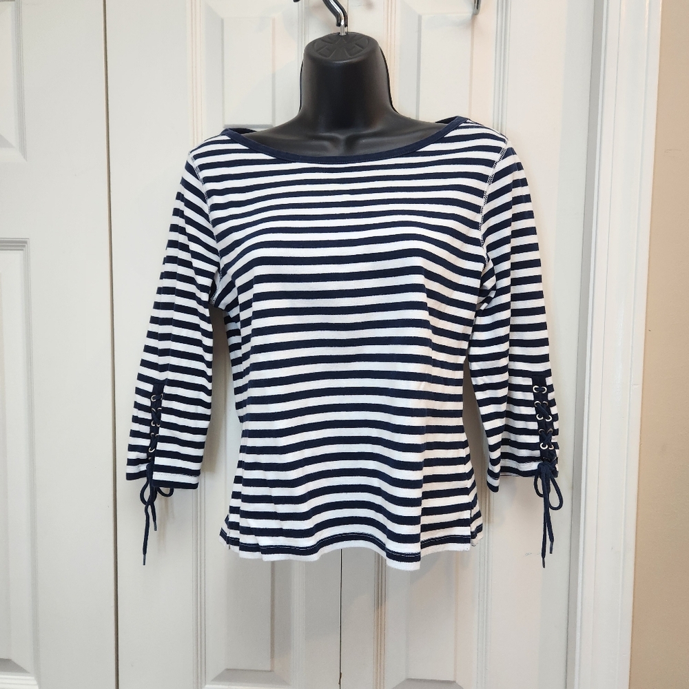 Laura Petites Cotton Navy & White Striped Tee Size Medium 3/4 Sleeves Laced